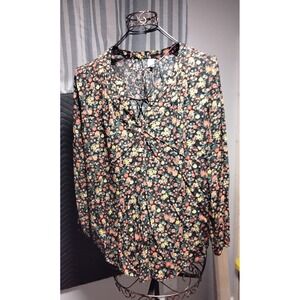 Old Navy Women's XL Black Floral Print Twist Front Tunic Long Sleeve Blouse Top